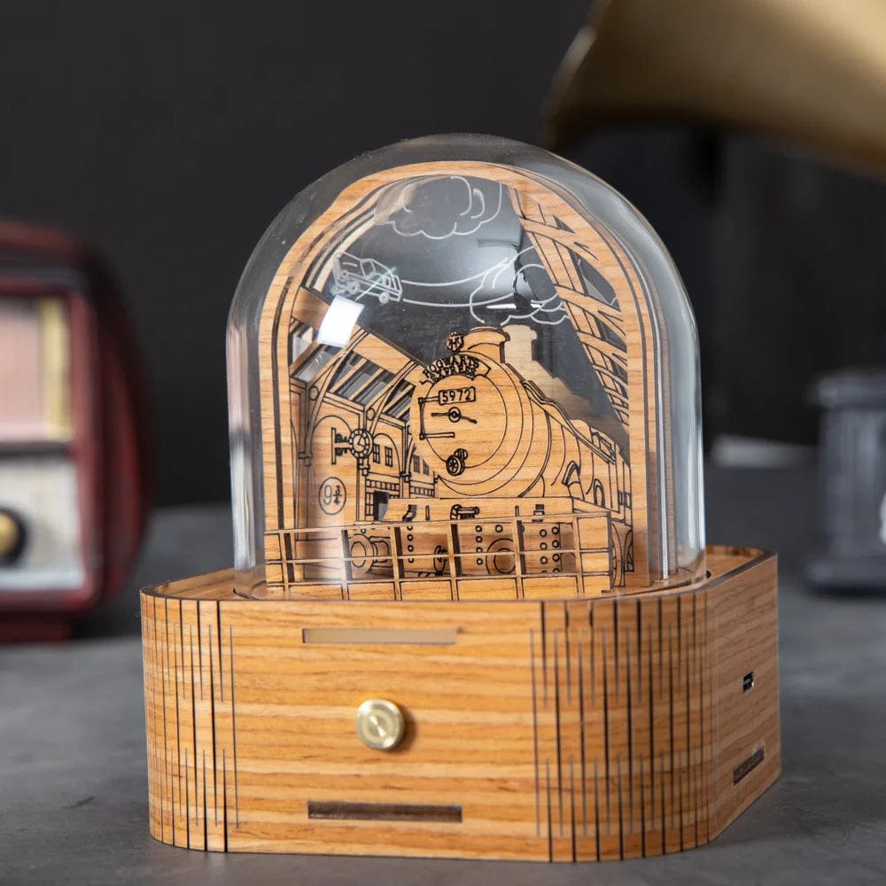 Harryy Potter Retro Hogwarts Music Box 3D Night Light Train NO.9 5972 Wooden Carving Touch Black Walnut Music Box Toy Figures MobileÉtoilé